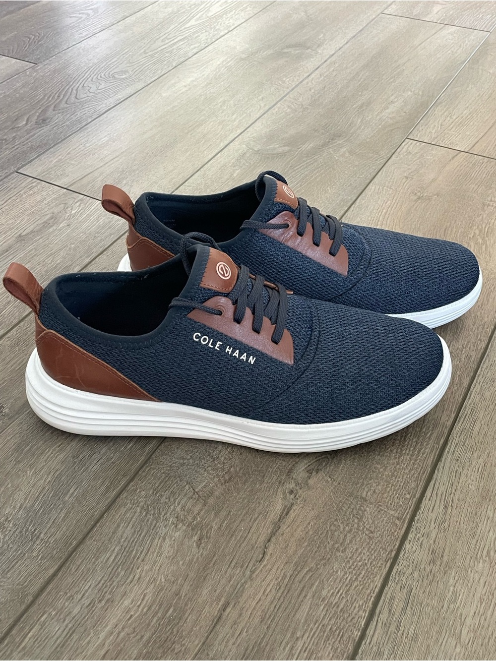 Cole Haan Men’s Navy Knit Sneakers with Brown Accents